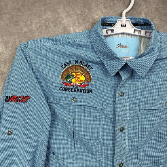 World Wide Sportsman Fishing Button Shirt Mens L/G Blue Bass Pro Shop RCR Racing - Picture 1 of 14